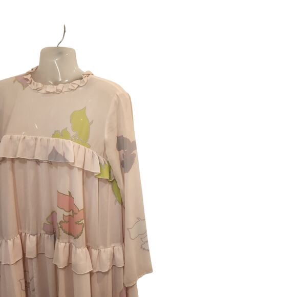 Cynthia Rowley Long Sleeve High Neck Tiered Floral Ruffle Shift Dress Pink Sze 6 - Picture 4 of 11